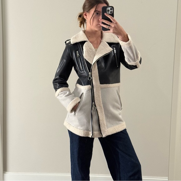 Women's Black and Cream Shearling Jacket - Picture 2 of 12